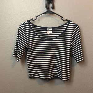 Navy blue and white striped crop top.